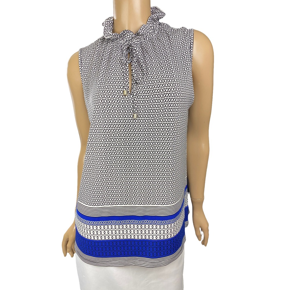 The Limited size S Sleeveless Blouse Top Black & White w/ Blue Trim Ties at Neck